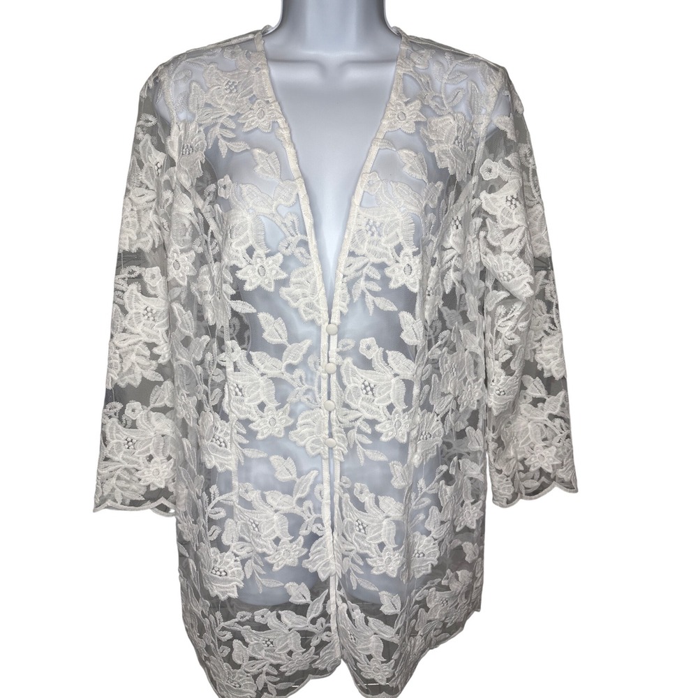 Linea by Louis DellOlio Womens White Floral Lace Mesh Cardigan Sz 4‎ Tea Party